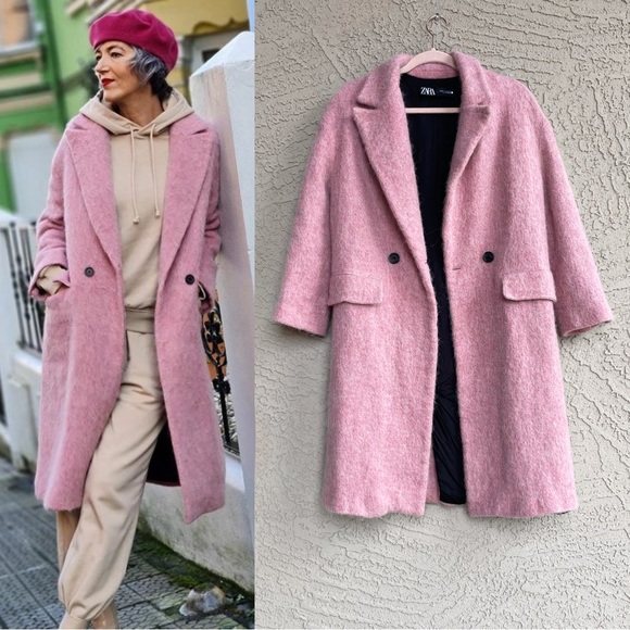 ZARA LIMITED EDITION BLOGGER FAVE Fuzzy Pink Wool Coat Alpaca Wool Trench Coat - Picture 16 of 16